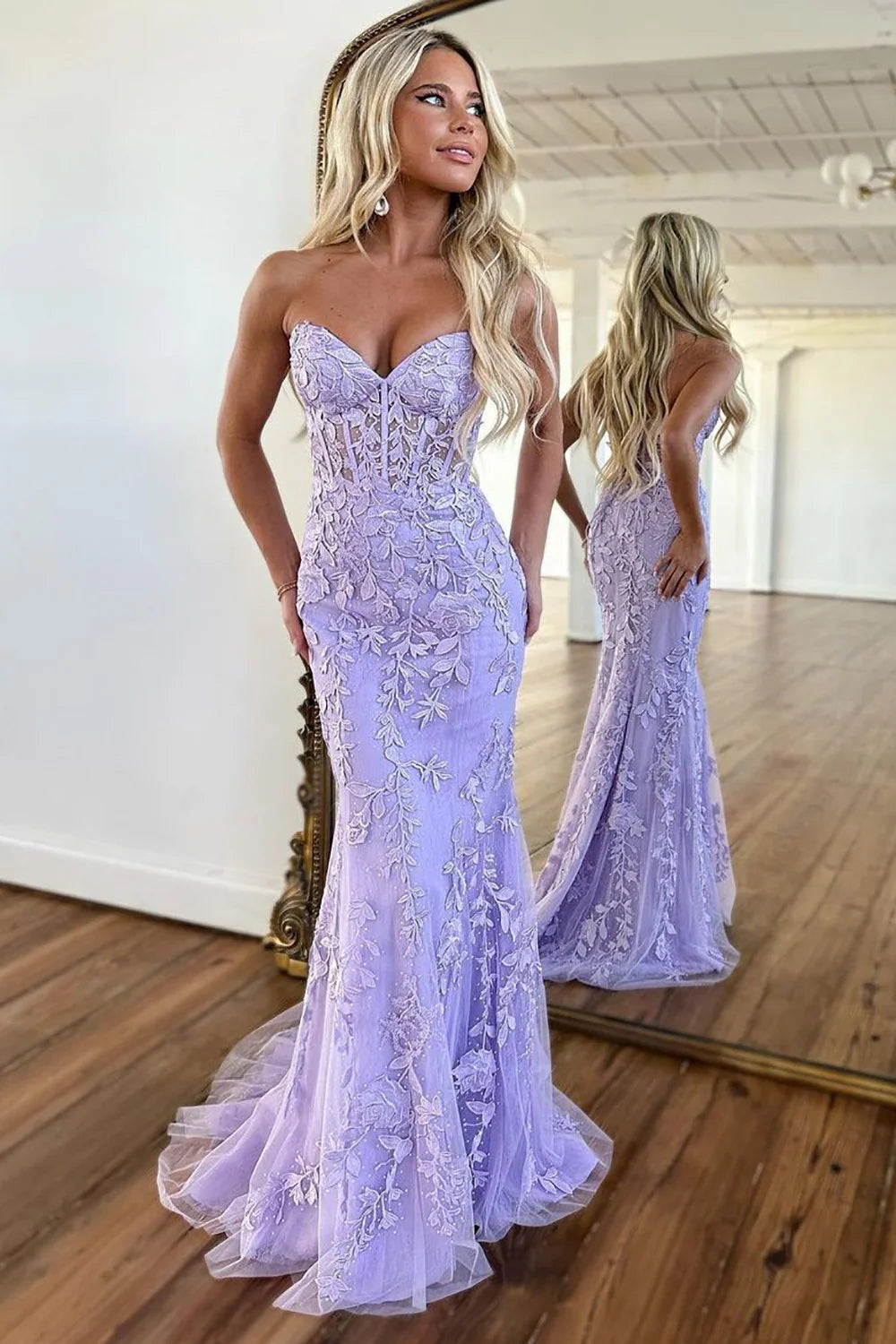 Lilac Mermaid Sweetheart Lace Up Long Tulle Prom Dress with Appliques